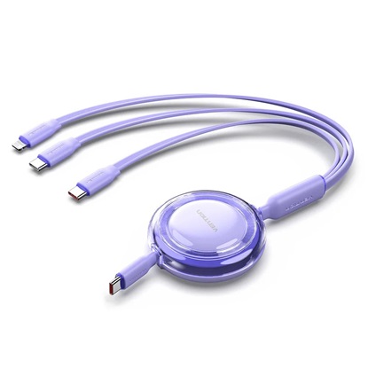 VENTION 3-in-1 USB 2.0 Type-A Male to USB-C Male + USB-C Male + Lightning Male 3.5A Retractable Cable 1.1M Purple (TRJVBE) (VENTRJVBE)-VENTRJVBE