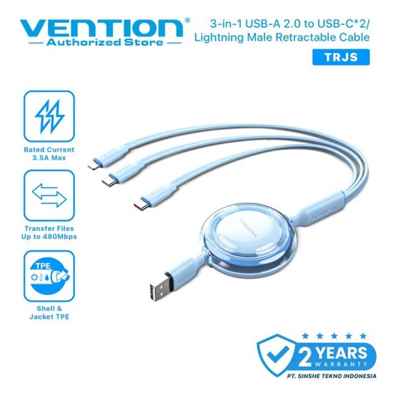 VENTION 3-in-1 USB 2.0 Type-A Male to USB-C Male + USB-C Male + Lightning Male 3.5A Retractable Cable 1.1M Blue (TRJSBE) (VENTRJSBE)-VENTRJSBE