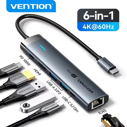 VENTION USB-C to HDMI/USB 3.2 Gen 1 Type-C/USB 3.0*2/RJ45/PD Docking Station 0.15M Gray Aluminum Alloy Type (TGNHB) (VENTGNHB)-VENTGNHB