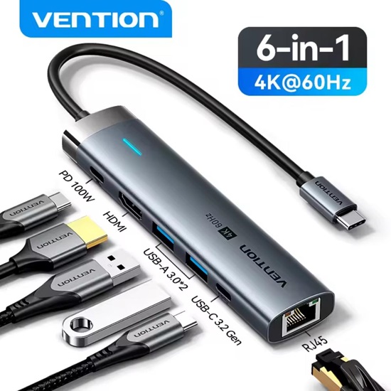 VENTION USB-C to HDMI/USB 3.2 Gen 1 Type-C/USB 3.0*2/RJ45/PD Docking Station 0.15M Gray Aluminum Alloy Type (TGNHB) (VENTGNHB)-VENTGNHB