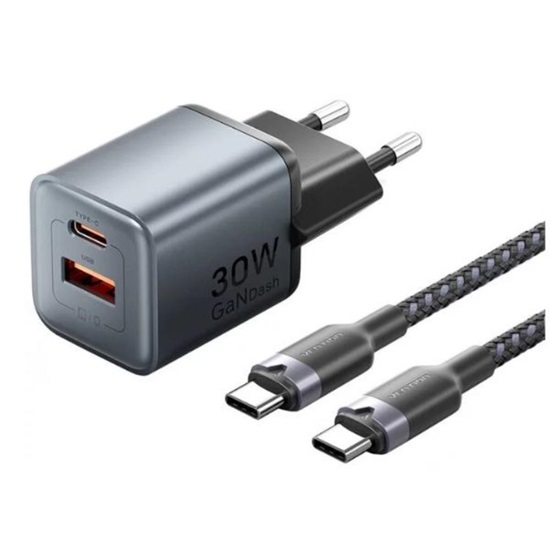 VENTION 2-Port USB (C + A) GaN Charger (30W/18W) Gray with USB-C to USB-C Cable (1M) Black EU-Plug (TZ-FEWH0-EU) (VENTZ-FEWH0-EU)-VENTZ-FEWH0-EU