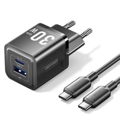 VENTION 2-Port USB (C + A) GaN Charger (30W/30W) with USB-C to USB-C Cable (1M) EU-Plug Black (TZ-FEQB0-EU-01) (VENTZ-FEQB0-EU-01)-VENTZ-FEQB0-EU-01