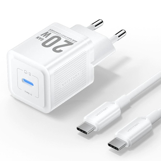 VENTION 1-Port USB-C GaN Charger (20W) with USB-C to USB-C Cable (1M) EU-Plug White (TZ-FEPW0-EU-01) (VENTZ-FEPW0-EU-01)-VENTZ-FEPW0-EU-01