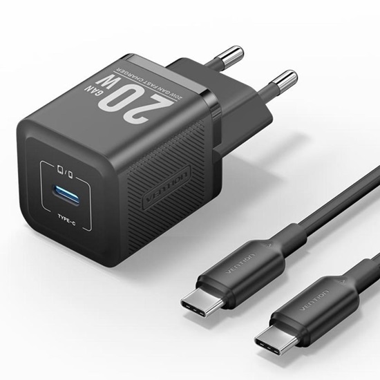 VENTION 1-Port USB-C GaN Charger (20W) with USB-C to Lightning Cable (1M) EU-Plug Black (TZ-FEPB0-EU-02) (VENTZ-FEPB0-EU-02)-VENTZ-FEPB0-EU-02