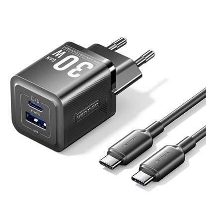 VENTION 2-Port USB (C + C) GaN Charger (45W/45W) with 5A USB-C to USB-C Cable (1M) EU-Plug Gray (TZ-FCFH0-EU) (VENTZ-FCFH0-EU)-VENTZ-FCFH0-EU