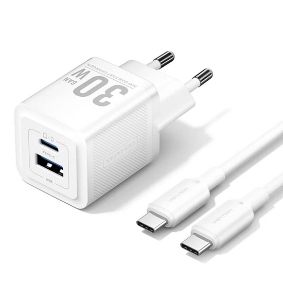 VENTION 2-Port USB (C + A) GaN Charger (30W/30W) with 3A USB-C to USB-C Cable (1M) EU-Plug White (TZ-FCEW0-EU) (VENTZ-FCEW0-EU)-VENTZ-FCEW0-EU