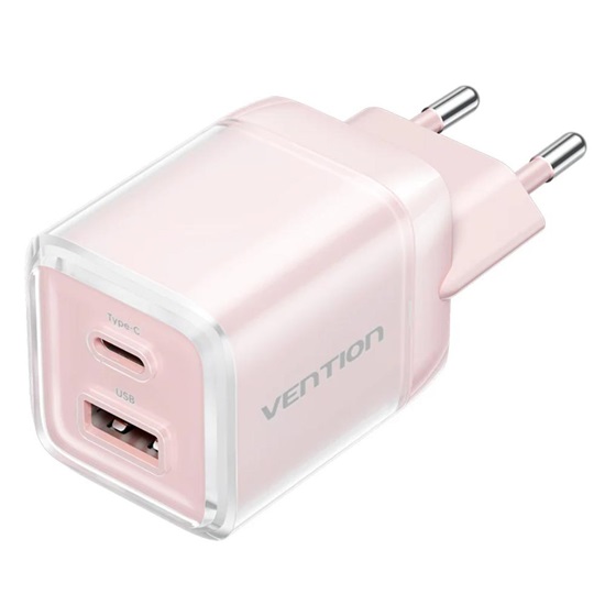 VENTION 2-Port USB (C + A) GaN Charger (30W/30W) with 3A USB-C to USB-C Cable (1M) EU-Plug Pink (TZ-FCEP0-EU) (VENTZ-FCEP0-EU)-VENTZ-FCEP0-EU