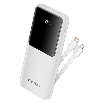VENTION 20000mAh Power Bank (USB-C + USB-A) with Built-in Cable 22.5W White LED Display Type (XGYW0-40-TY) (VENXGYW0-40-TY)-VENXGYW0-40-TY