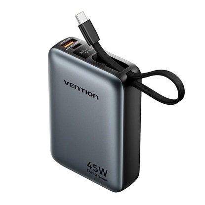VENTION 20000mAh Mini Power Bank (USB-C + USB-C/USB-A) with Built-in USB-C Cable 45W Gray (FHGH0) (VENFHGH0)-VENFHGH0