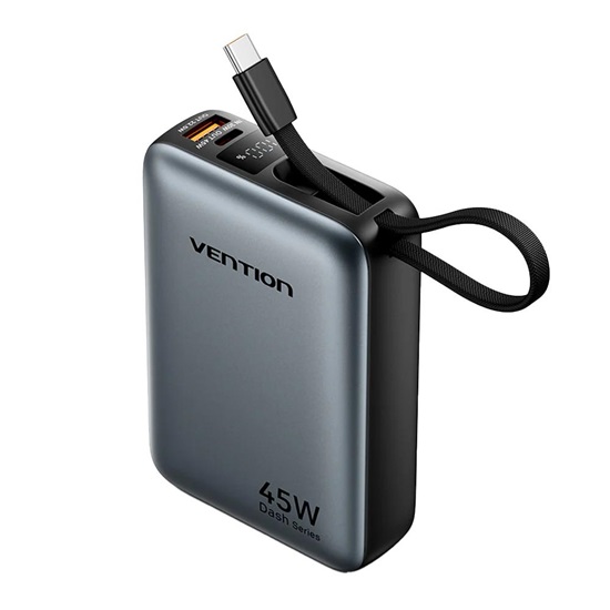 VENTION 20000mAh Mini Power Bank (USB-C + USB-C/USB-A) with Built-in USB-C Cable 45W Gray (FHGH0) (VENFHGH0)-VENFHGH0