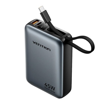 VENTION 20000mAh Mini Power Bank (USB-C + USB-C/USB-A) with Built-in USB-C Cable 45W Gray Universal Type (FHGH0-TY) (VENFHGH0-TY)-VENFHGH0-TY
