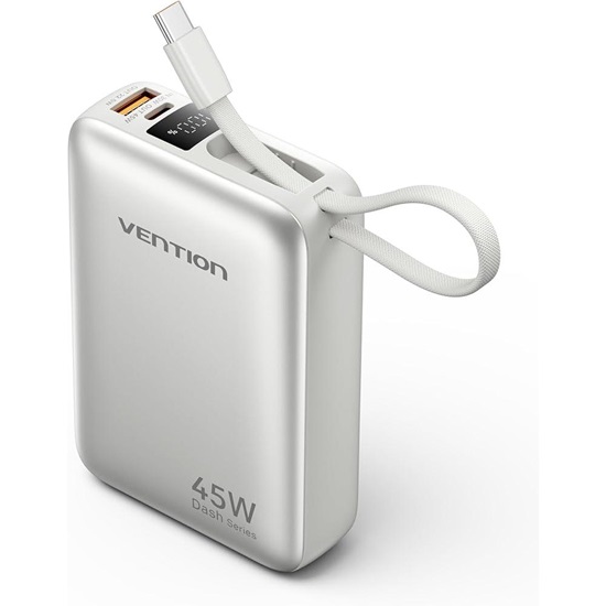 VENTION 20000mAh Mini Power Bank (USB-C + USB-C/USB-A) with Built-in USB-C Cable 45W Beige Universal Type (FHGN0-TY) (VENFHGN0-TY)-VENFHGN0-TY