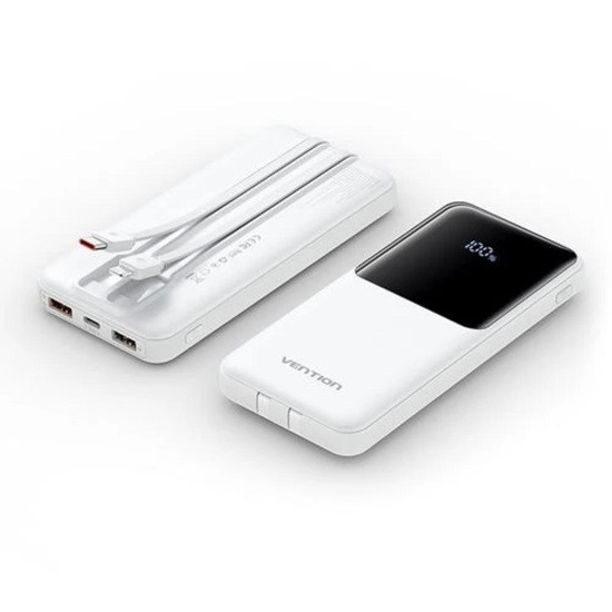 VENTION 10000mAh Power Bank (Micro-USB + USB-C + USB-A/USB-A) with Built-in USB-C and Lightning Cables 22.5W White LED Display Universal Type (FHOW0-TY) (VENFHOW0-TY)-VENFHOW0-TY