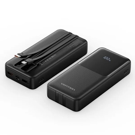 VENTION 20000mAh Power Bank (Micro-USB + USB-C + USB-A/USB-A) with Built-in USB-C and Lightning Cables 22.5W Black LED Display Universal Type (FHPB0-TY) (VENFHPB0-TY)-VENFHPB0-TY