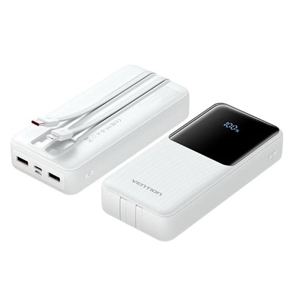 VENTION 20000mAh Power Bank (Micro-USB + USB-C + USB-A/USB-A) with Built-in USB-C and Lightning Cables 22.5W White LED Display Universal Type (FHPW0-TY) (VENFHPW0-TY)-VENFHPW0-TY