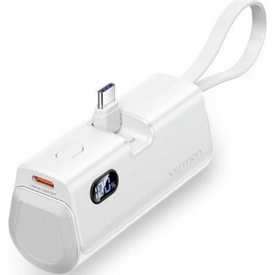 VENTION LED Display 4800mAh Power Bank (USB-C + Lightning + USB-C) 22.5W White Foldable USB-C Type (FHQW0) (VENFHQW0)-VENFHQW0