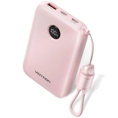 VENTION 10000mAh Power Bank (USB-C + USB-C/USB-C/USB-A) with Built-in USB-C to USB-C Cable 22.5W Pink LED Display Universal Type (FKAP0-C-TY) (VENFKAP0-C-TY)-VENFKAP0-C-TY