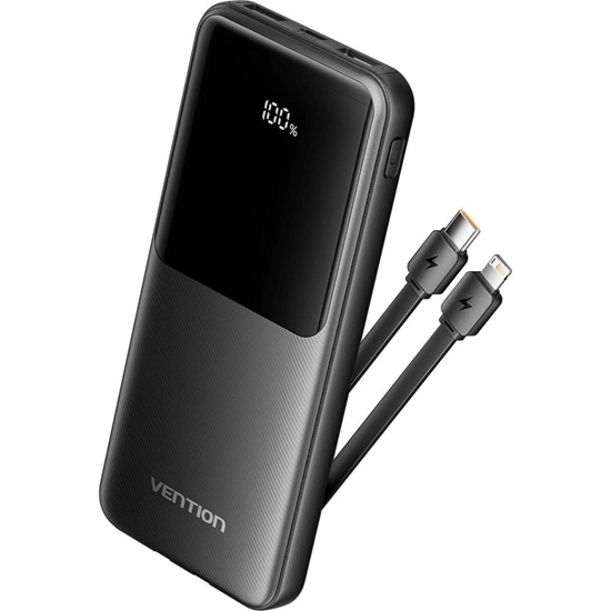 VENTION 10000mAh Power Bank (USB-C + USB-A) with Built-in Cable 22.5W Black LED Display Type (XGYB0-39-TY) (VENXGYB0-39-TY)-VENXGYB0-39-TY