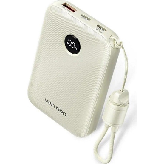 VENTION 10000mAh Power Bank (USB-C + USB-C/USB-C/USB-A) with Built-in USB-C to USB-C Cable 22.5W Beige LED Display Type (FKAN0-C) (VENFKAN0-C)-VENFKAN0-C
