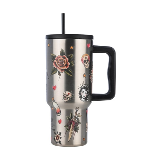 Estia Straw Tumbler XL Save the Aegean Thermos 900ml Old School Ink (01-32050) (EST01-32050)-EST01-32050