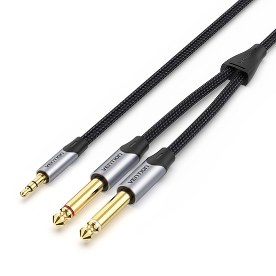 VENTION Cotton Braided TRS 3.5mm Male to 2*6.5mm Male Audio Cable 5M Gray Aluminum Alloy Type (BARHJ) (VENBARHJ)-VENBARHJ