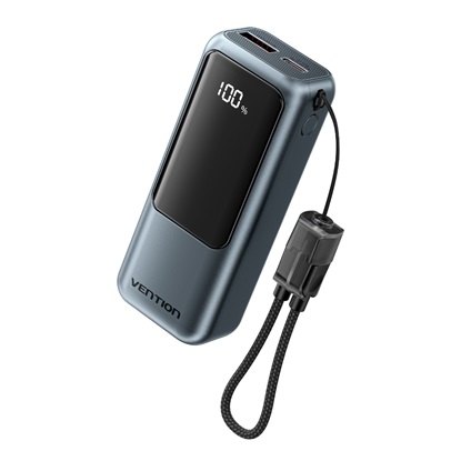 VENTION Mini 10000mAh Power Bank (USB-C + USB-A) with Built-in Lanyard 22.5W Gray LED Display Type (FKOH0) (VENFKOH0)-VENFKOH0