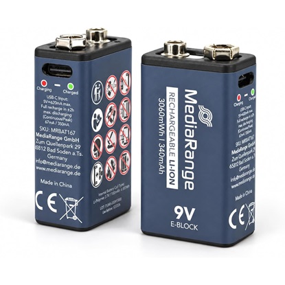 Εικόνα της MEDIARANGE Rechargeable USB-C Li-Ion Batteries 9V E-Block 340mAh (2-Pack) (MRBAT167) (MRBAT167)